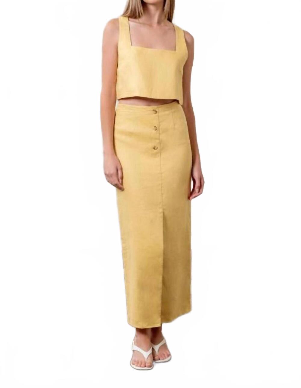 NEW MOON RIVER front button detail linen midi skirt in light yellow